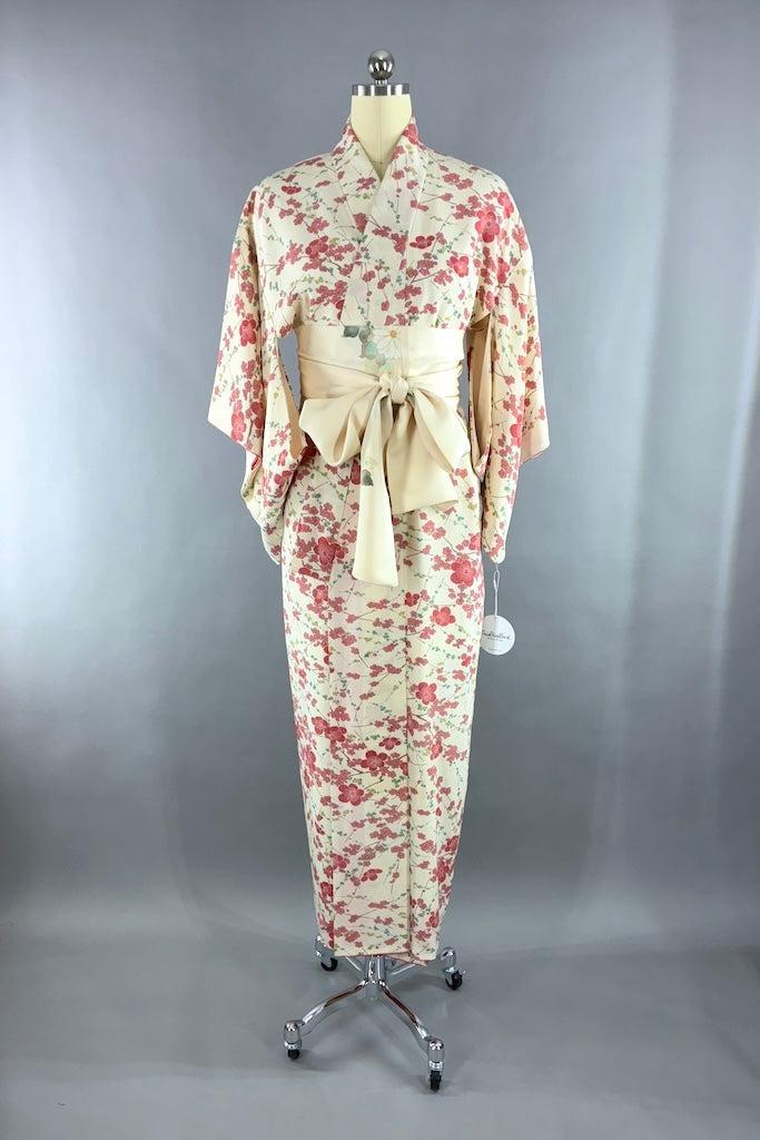 Vintage Ivory Cherry Blossom Silk Kimono Robe-ThisBlueBird