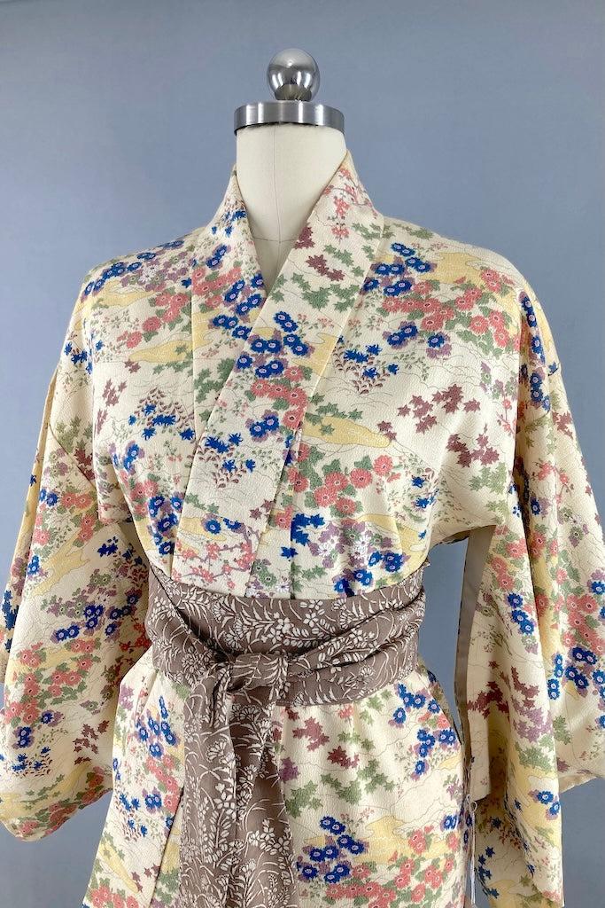 Vintage Ivory Floral Silk Kimono Robe-ThisBlueBird