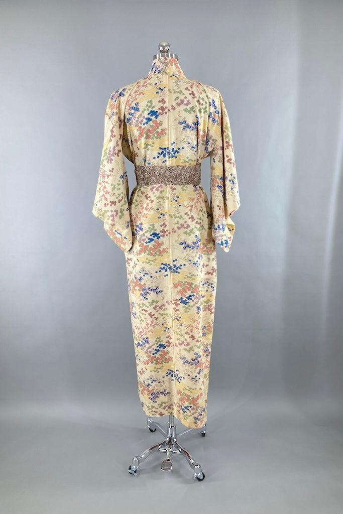 Vintage Ivory Floral Silk Kimono Robe-ThisBlueBird
