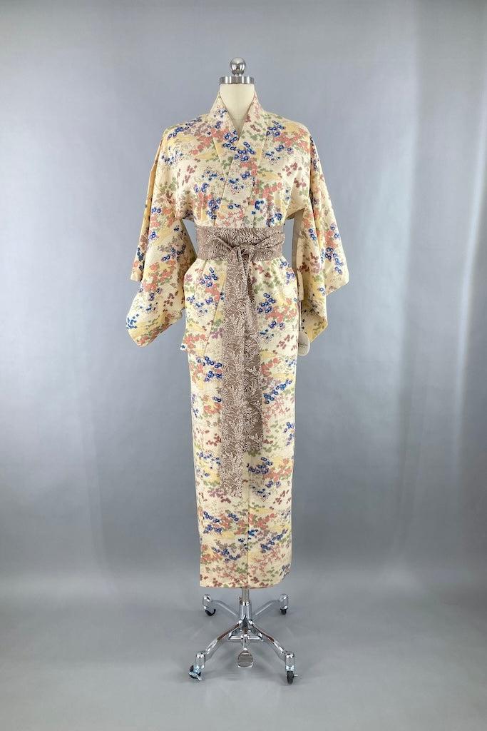Vintage Ivory Floral Silk Kimono Robe-ThisBlueBird