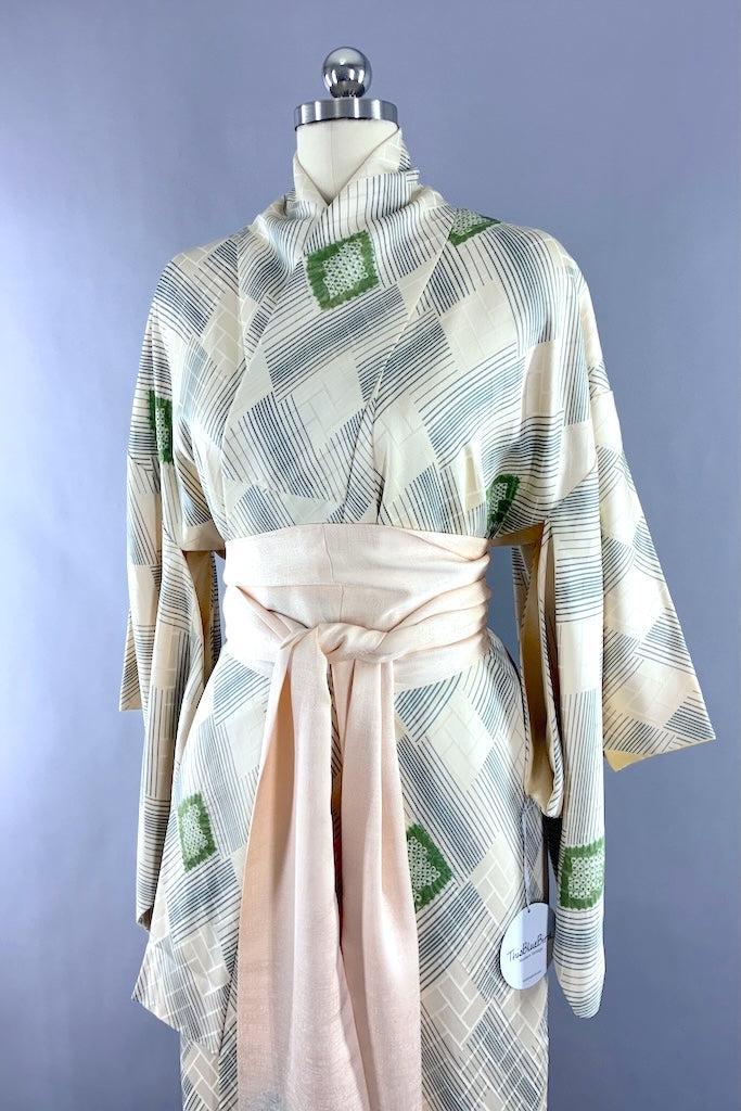 Vintage Ivory &amp; Green Shibori Silk Kimono-ThisBlueBird