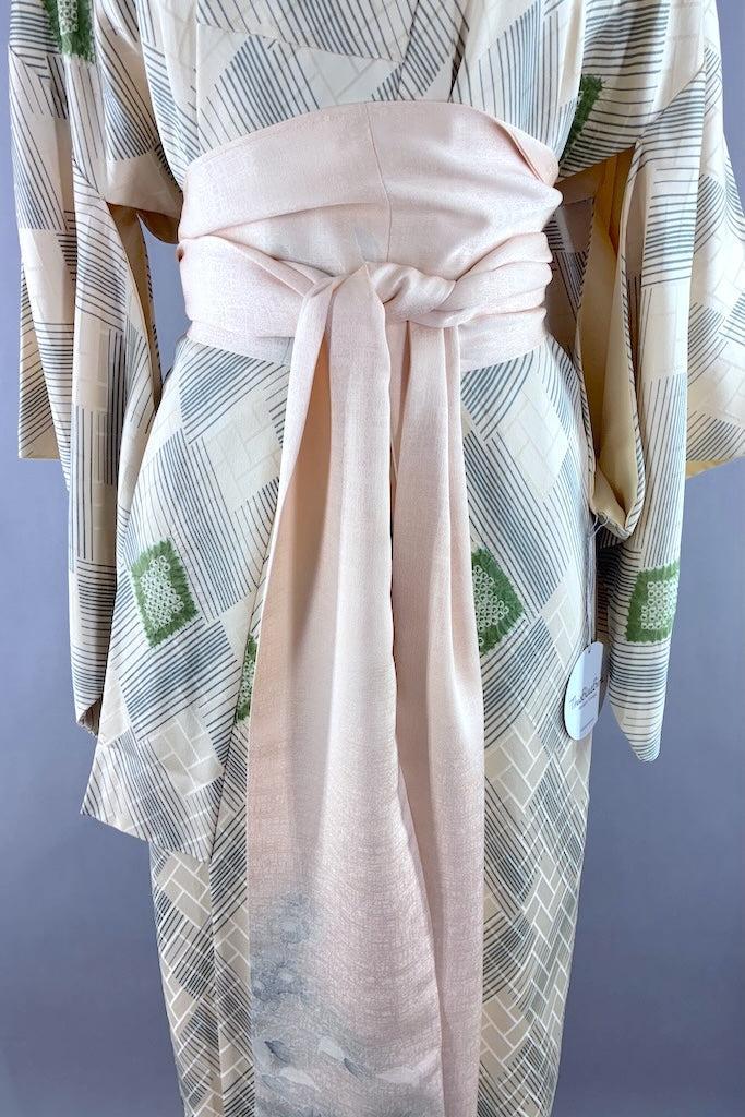Vintage Ivory &amp; Green Shibori Silk Kimono-ThisBlueBird