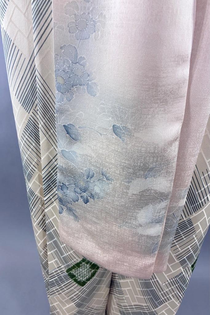 Vintage Ivory &amp; Green Shibori Silk Kimono-ThisBlueBird