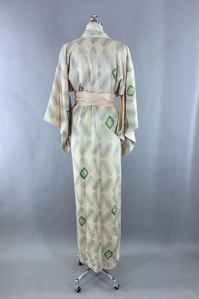Vintage Ivory &amp; Green Shibori Silk Kimono-ThisBlueBird