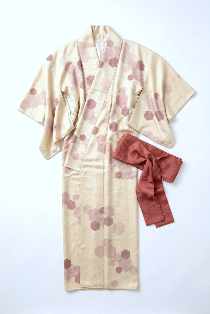 Vintage Ivory Hexagon Silk Kimono Robe-ThisBlueBird