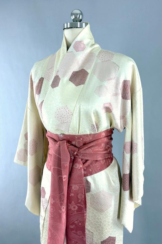 Vintage Ivory Hexagon Silk Kimono-ThisBlueBird