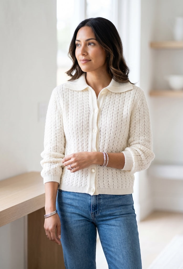 Vintage Ivory Knit Cardigan Sweater-ThisBlueBird
