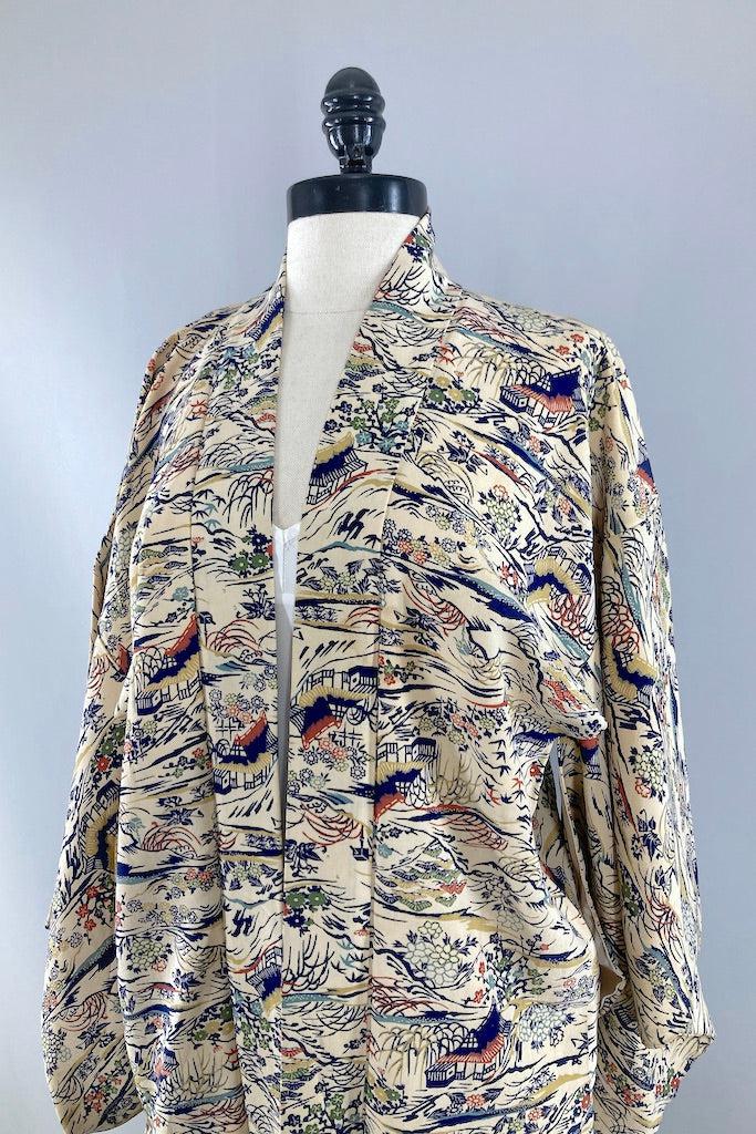 Vintage Ivory Landscape Silk Kimono Cardigan-ThisBlueBird