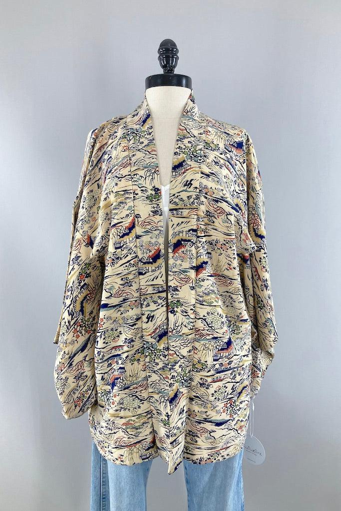 Vintage Ivory Landscape Silk Kimono Cardigan-ThisBlueBird