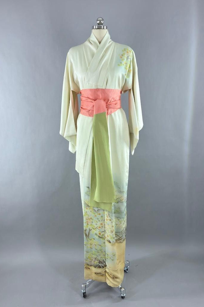 Vintage Ivory Maple Tree Silk Kimono Robe-ThisBlueBird