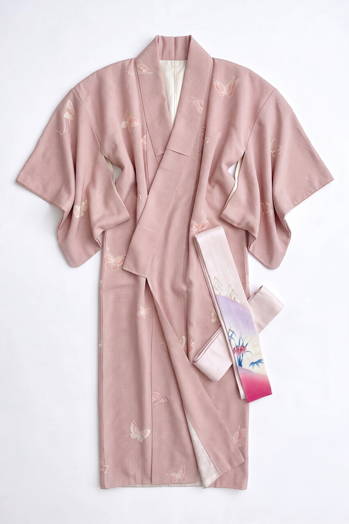 Vintage Ivory &amp; Maroon Red Butterflies Silk Kimono Robe-ThisBlueBird