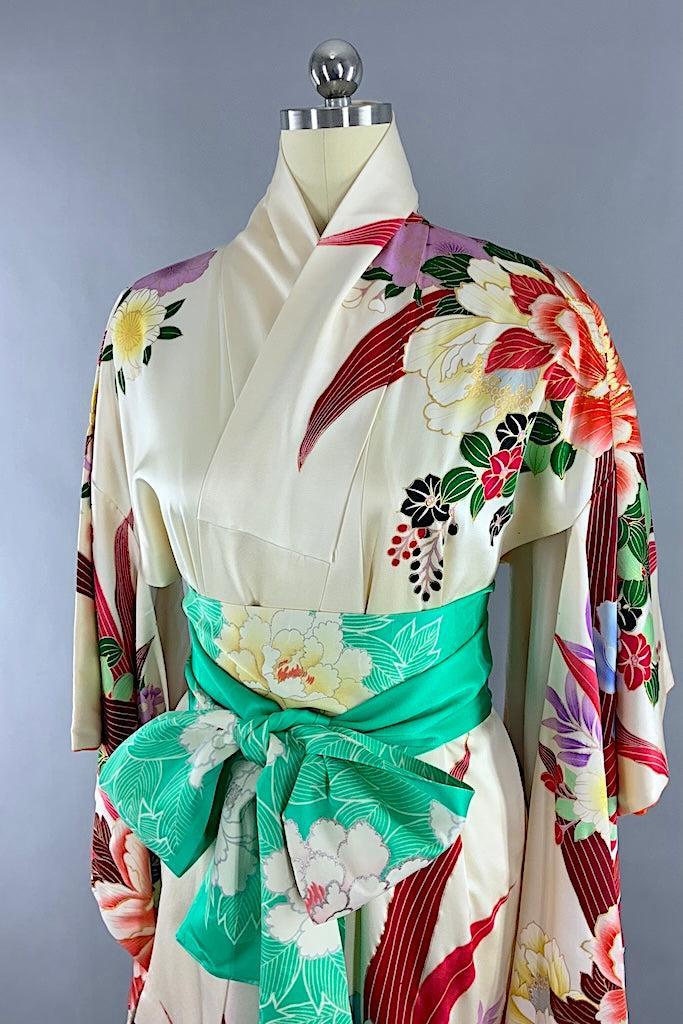 Vintage Ivory & Red Floral Silk Furisode Kimono-ThisBlueBird
