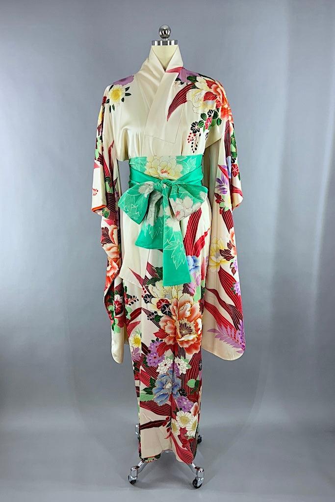 Vintage Ivory & Red Floral Silk Furisode Kimono-ThisBlueBird