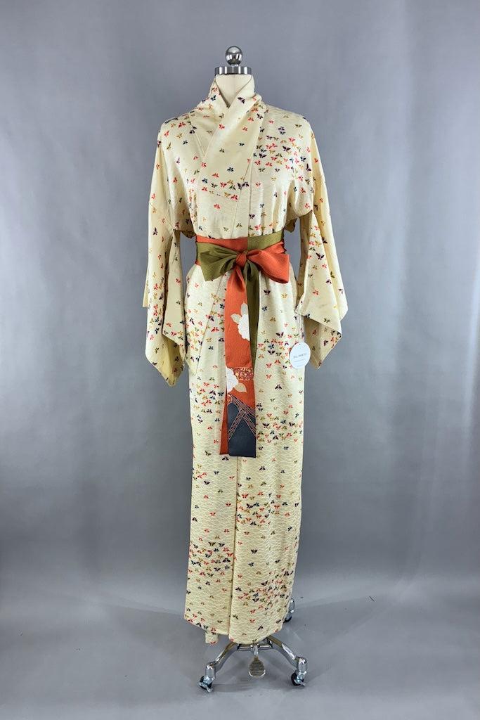 Vintage Ivory Silk Butterflies Kimono-ThisBlueBird
