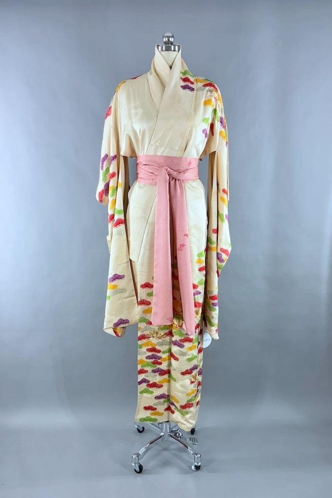 Vintage Ivory Silk Furisode Kimono-ThisBlueBird