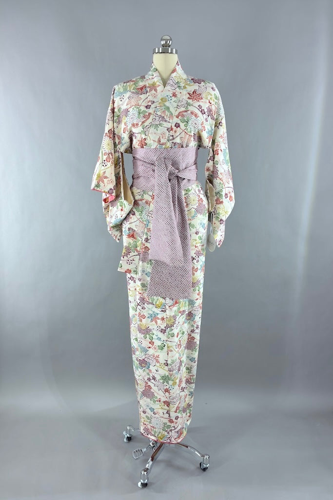 Vintage Ivory Silk Kimono Robe-ThisBlueBird