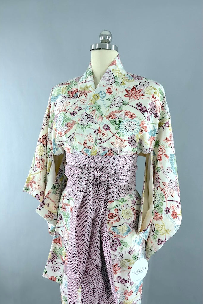 Vintage Ivory Silk Kimono Robe-ThisBlueBird