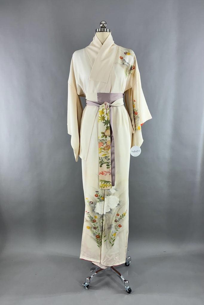 Vintage Ivory Silk Peonies Kimono-ThisBlueBird