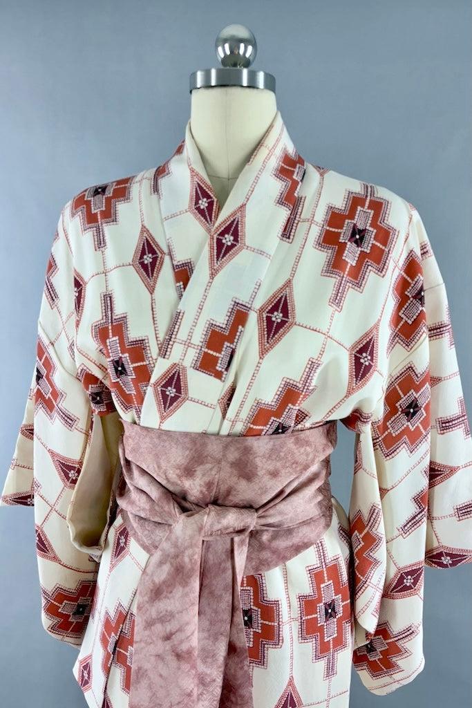 Vintage Ivory Terra Cotta Geometric Silk Kimono Robe-ThisBlueBird