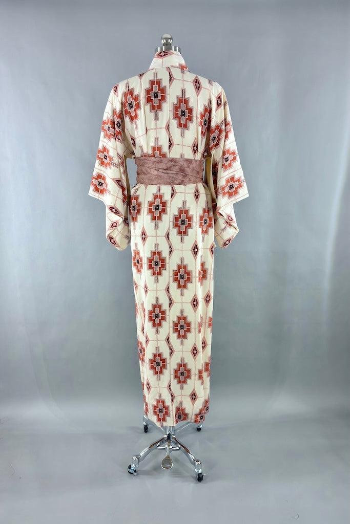 Vintage Ivory Terra Cotta Geometric Silk Kimono Robe  ThisBlueBird
