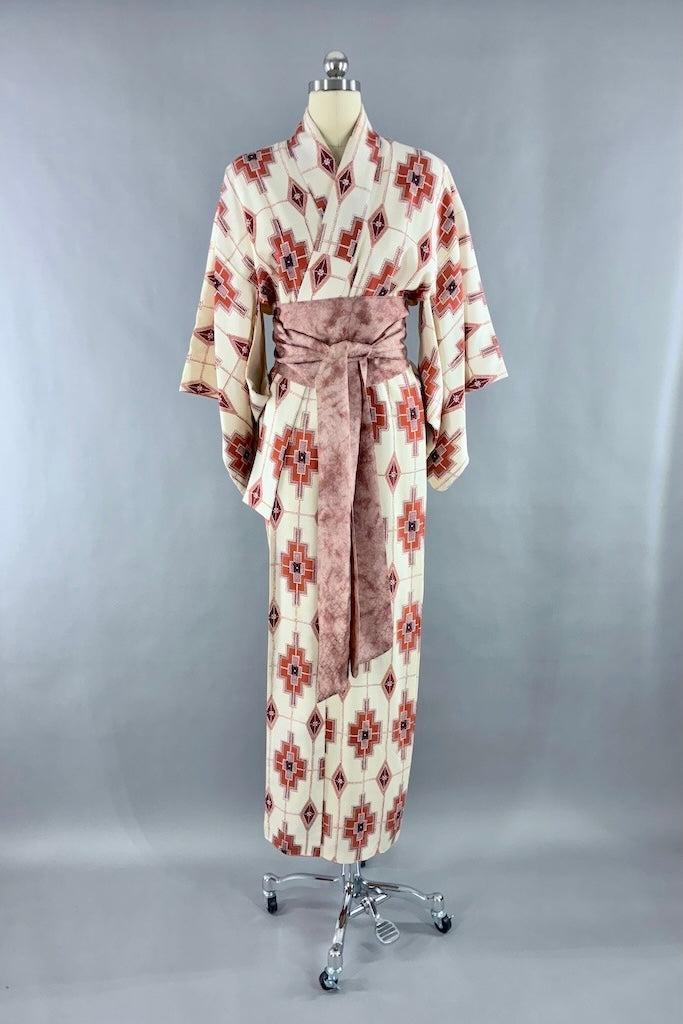 Vintage Ivory Terra Cotta Geometric Silk Kimono Robe-ThisBlueBird