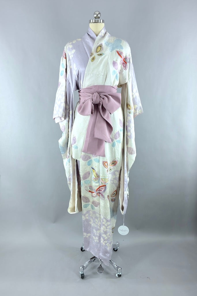 Vintage Lavender Butterflies Silk Kimono Robe-ThisBlueBird