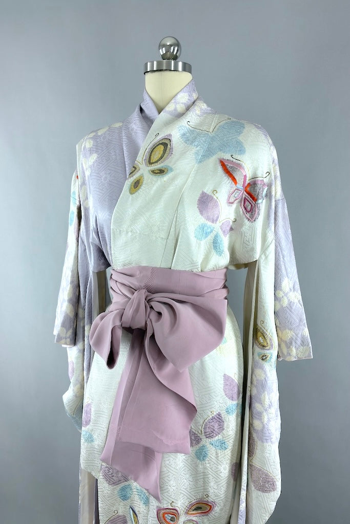 Vintage Lavender Butterflies Silk Kimono Robe-ThisBlueBird