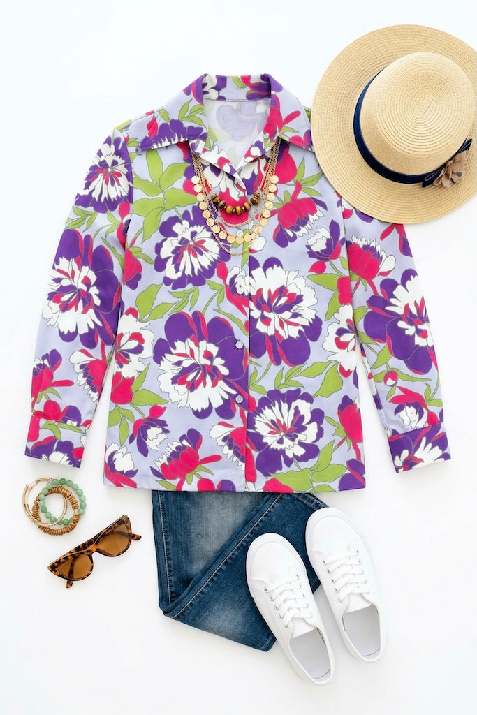 Vintage Lavender Peony Floral Blouse-ThisBlueBird