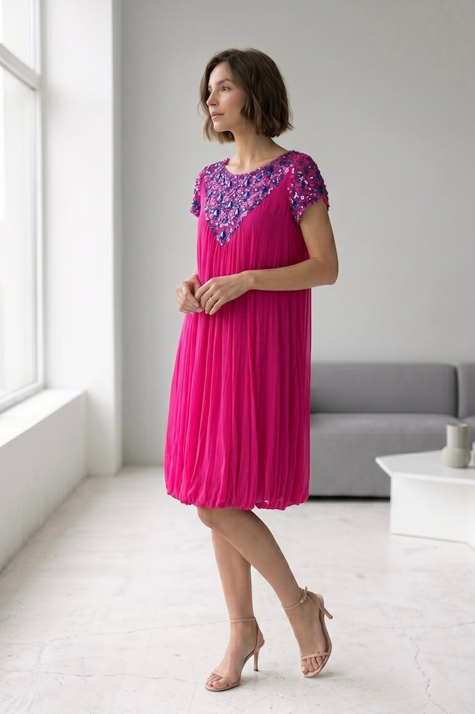 Vintage Magenta Pink Chiffon Party Dress-ThisBlueBird