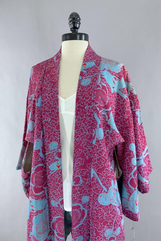 Vintage Magenta Turquoise Silk Kimono Cardigan-ThisBlueBird