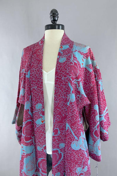 Vintage Magenta Turquoise Silk Kimono Cardigan-ThisBlueBird