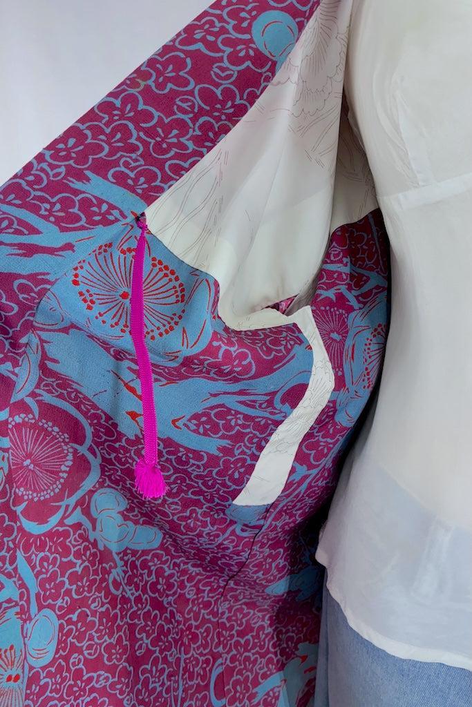 Vintage Magenta Turquoise Silk Kimono Cardigan-ThisBlueBird