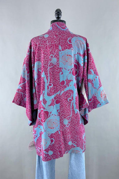 Vintage Magenta Turquoise Silk Kimono Cardigan-ThisBlueBird