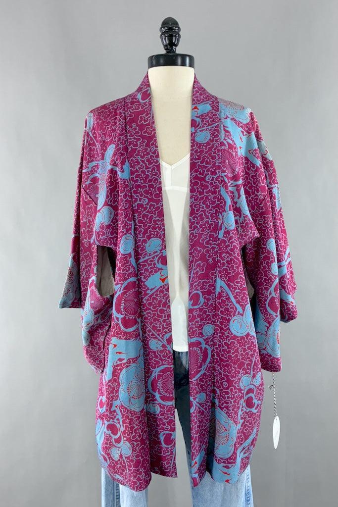 Vintage Magenta Turquoise Silk Kimono Cardigan-ThisBlueBird