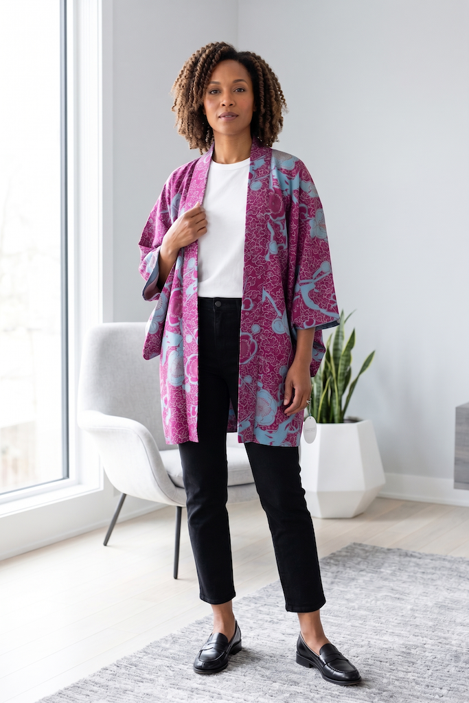 Vintage Magenta Turquoise Silk Kimono Cardigan-ThisBlueBird