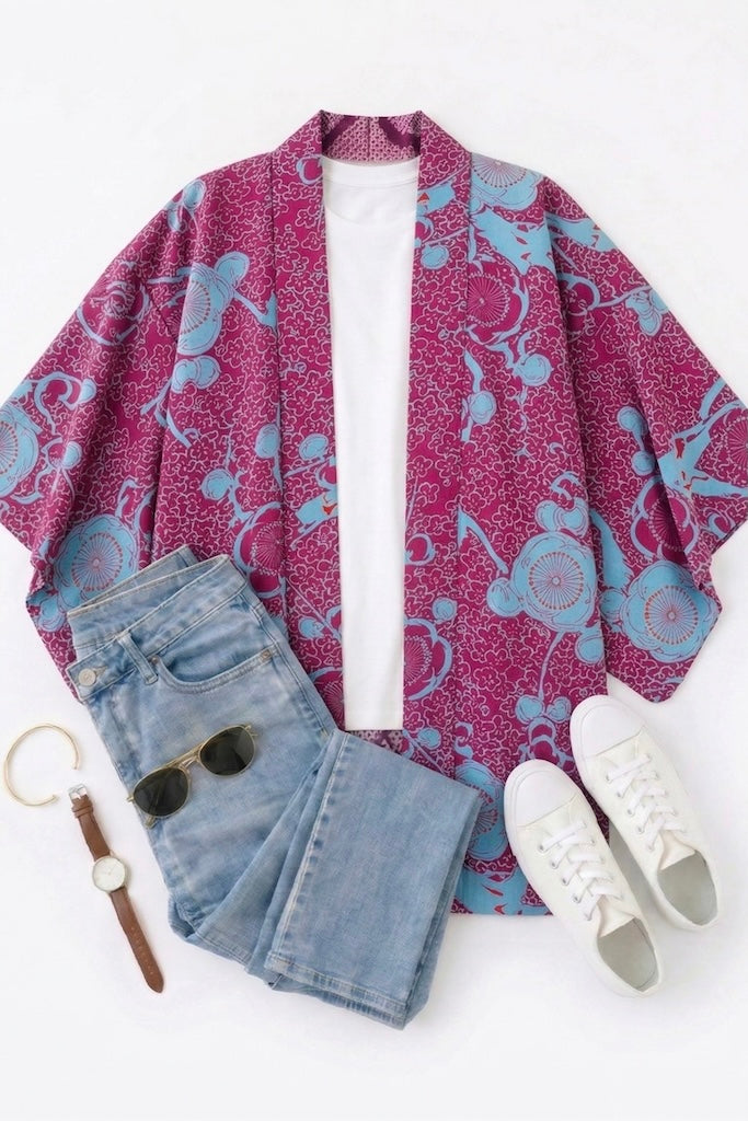 Vintage Magenta Turquoise Silk Kimono Cardigan-ThisBlueBird
