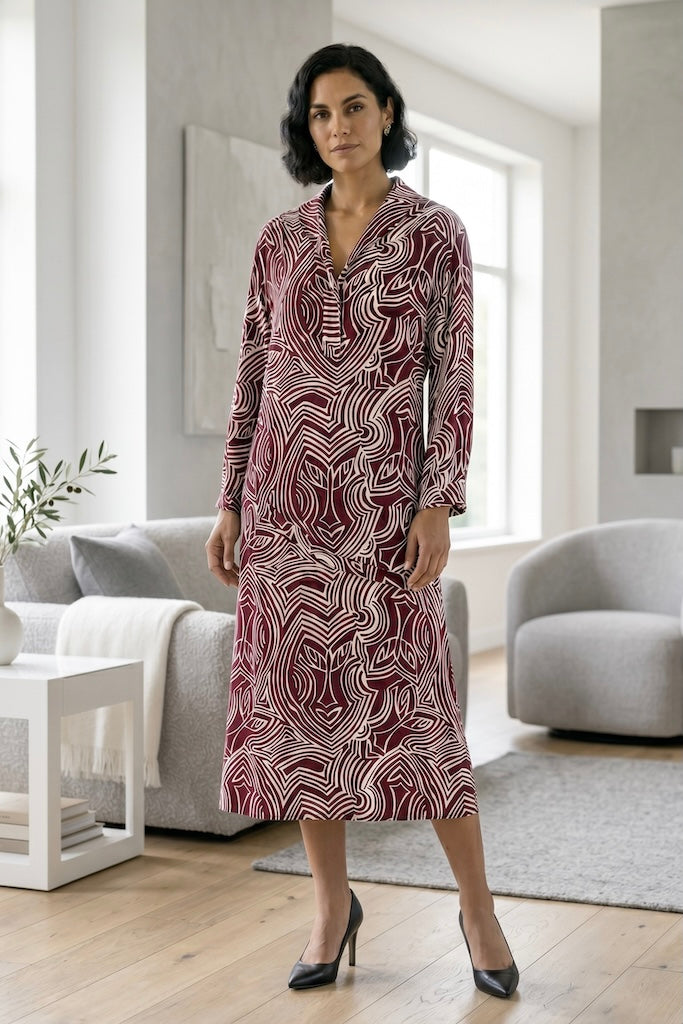 Vintage Maroon Abstract Print Day Dress-ThisBlueBird