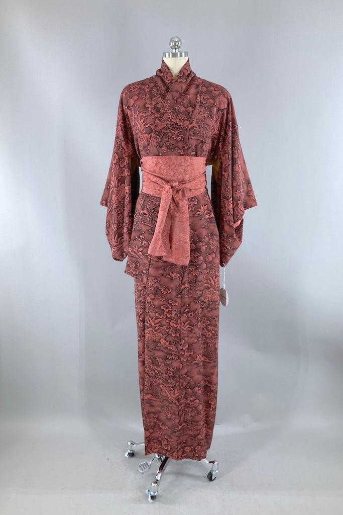 Vintage Maroon Chrysanthemum Silk Kimono-ThisBlueBird