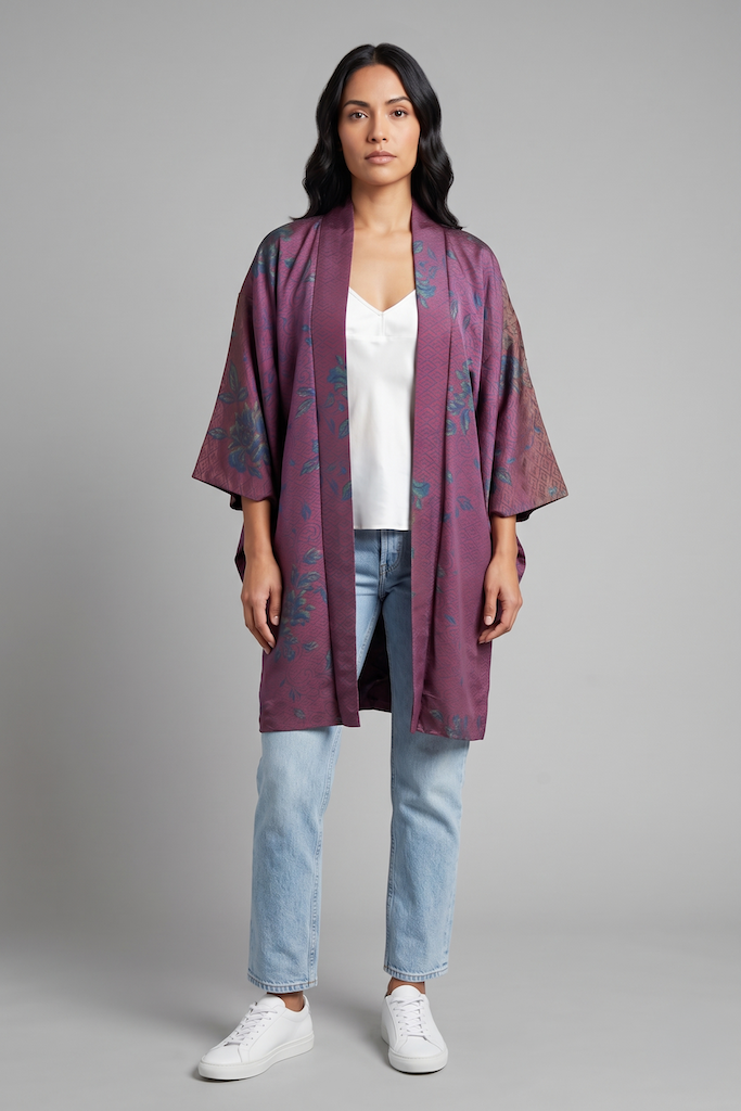 Vintage Maroon Floral Kimono Cardigan-ThisBlueBird