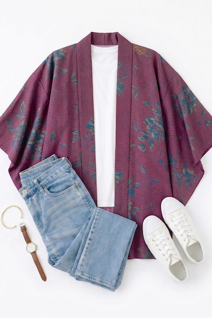 Vintage Maroon Floral Kimono Cardigan-ThisBlueBird