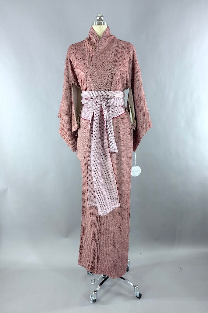 Vintage Maroon Shibori Silk Kimono Robe-ThisBlueBird