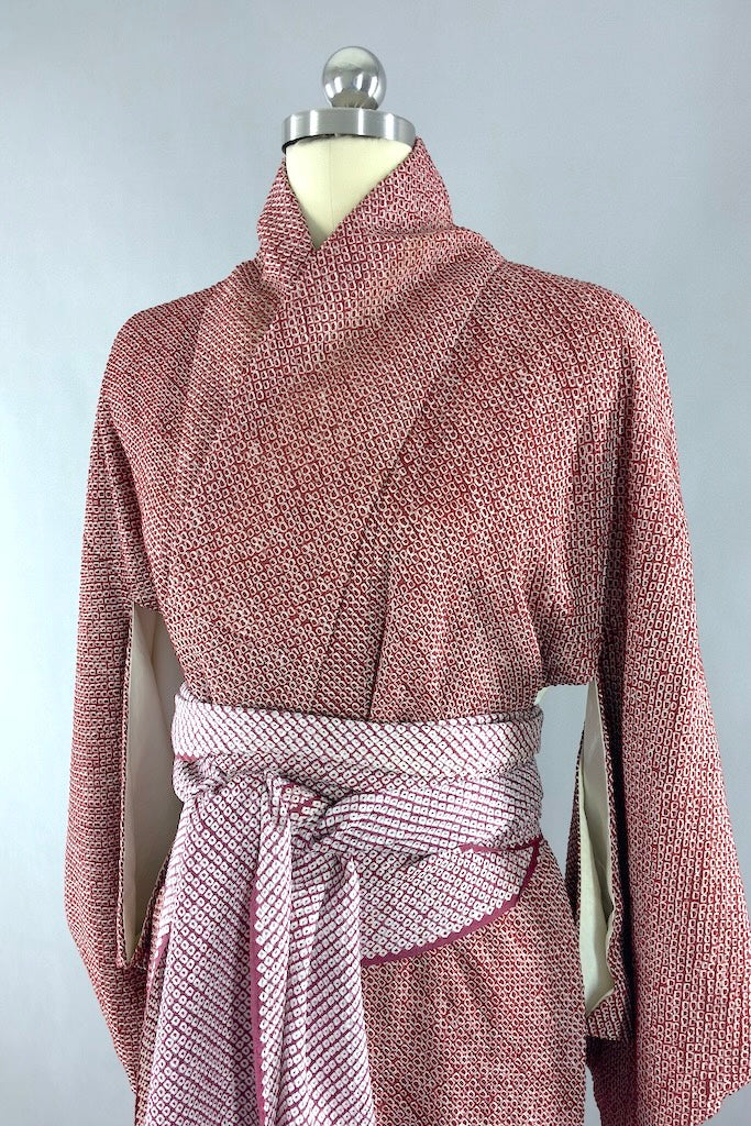 Vintage Maroon Shibori Silk Kimono Robe-ThisBlueBird