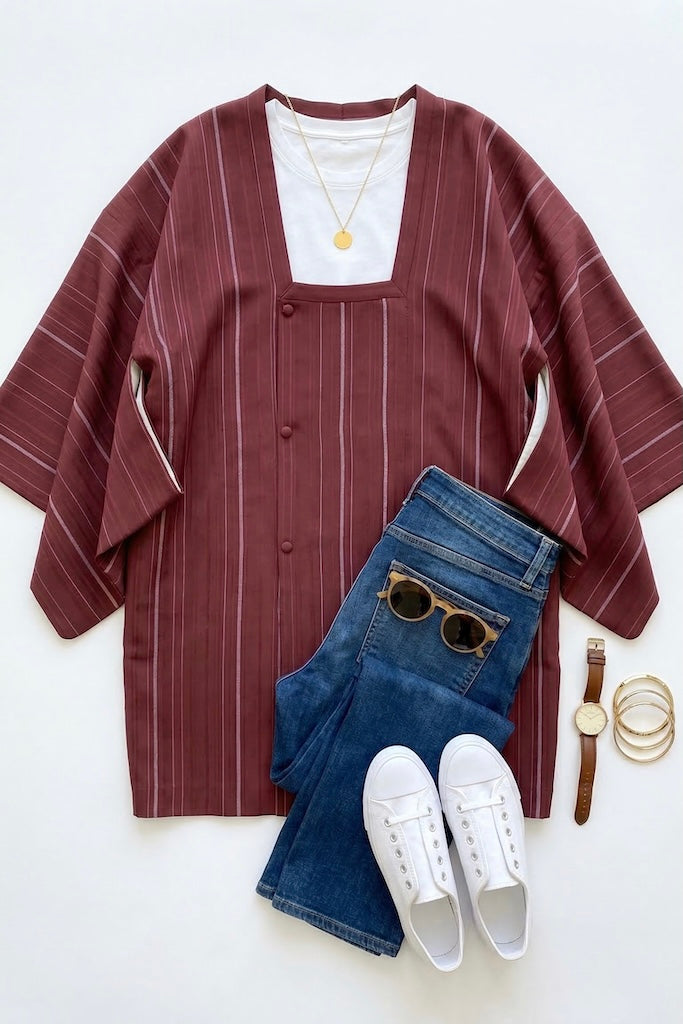 Vintage Maroon Striped Silk Kimono Cardigan-ThisBlueBird