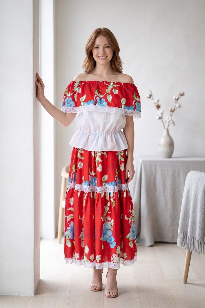Vintage Mexican Red Floral Dress Set-ThisBlueBird