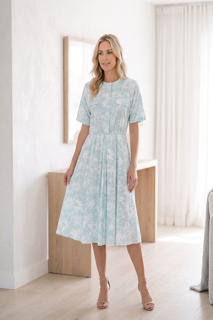 Vintage Mint Floral Print Dress-ThisBlueBird