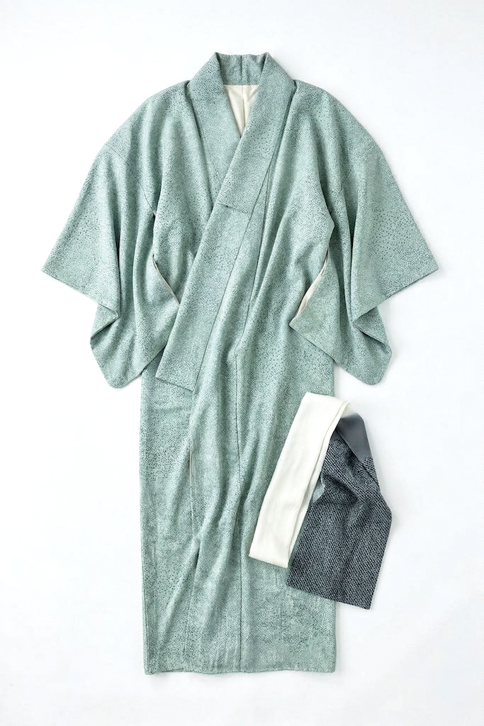Vintage Mint Green Mini Print Silk Kimono Robe-ThisBlueBird