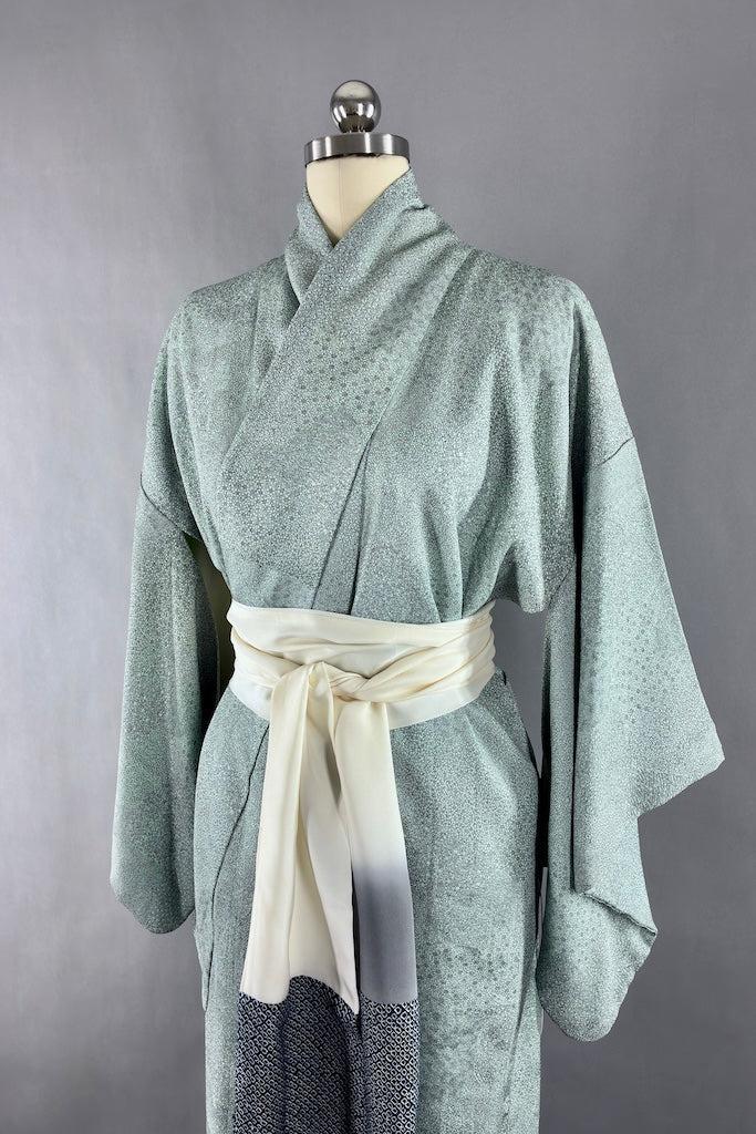 Vintage Mint Green Mini Print Silk Kimono-ThisBlueBird