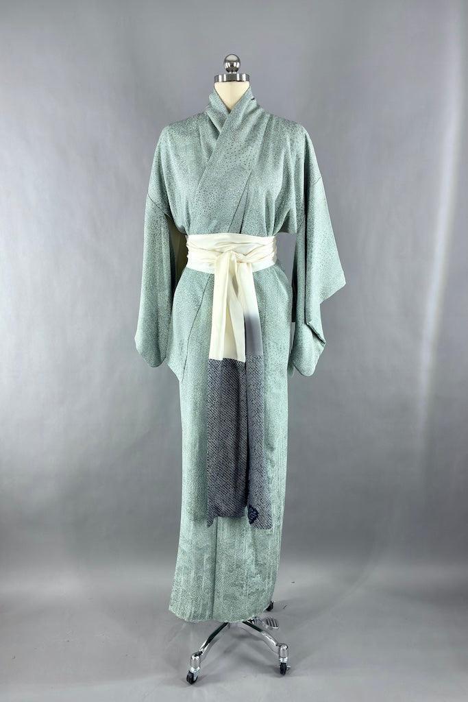 Vintage Mint Green Mini Print Silk Kimono-ThisBlueBird