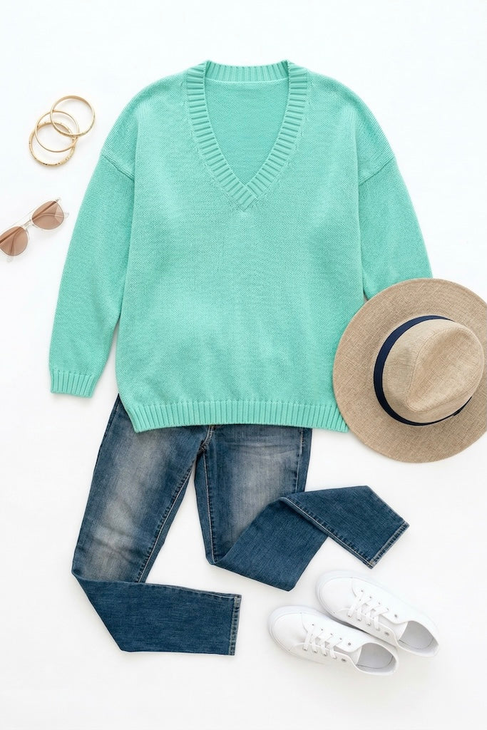Vintage Mint Green V-Neck Sweater-ThisBlueBird