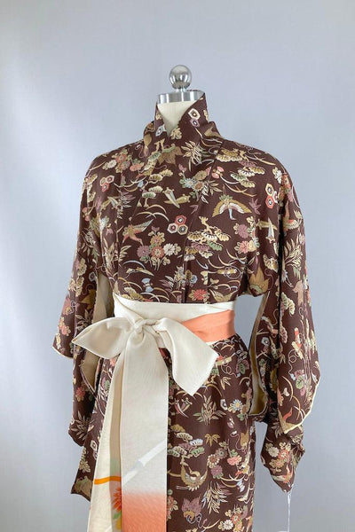 Vintage Mocha Birds & Flowers Silk Kimono-ThisBlueBird